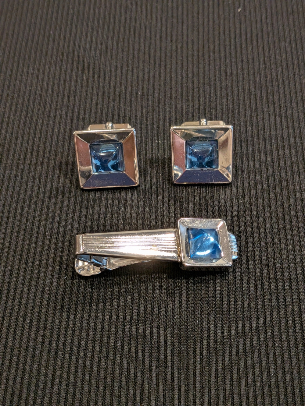 Signed Anson SilverTone Tie Clip and Cufflink Set with Blue Gemstone Accent